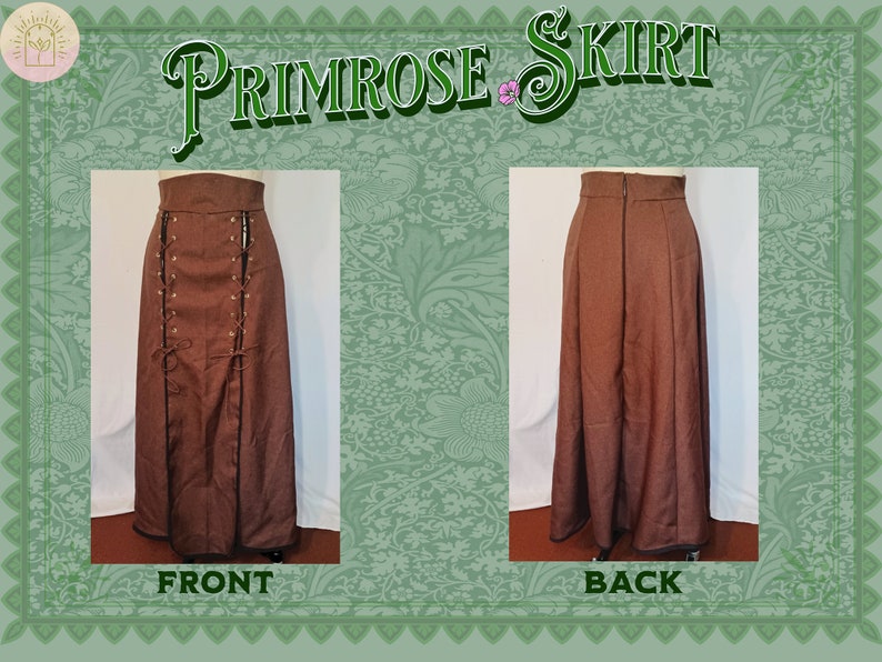 May include: A brown maxi skirt with a lace-up front and a plain back. The skirt has a high waist and a black trim.