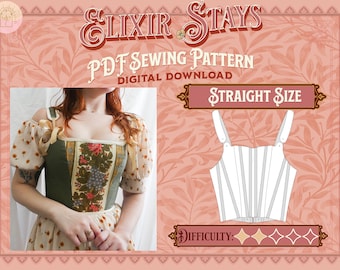Elixir Stays Pattern - Straight Size | Digital Download Sewing Pattern, Corset Pattern, Cottagecore/Renfaire, Contrast Panel, Back-Laced