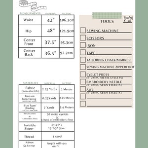 May include: A sewing pattern for a primrose skirt, with instructions and materials list. The pattern is for a mid-size skirt and includes measurements in inches and centimeters.