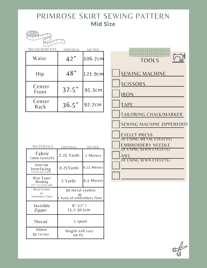 May include: A sewing pattern for a primrose skirt, with instructions and materials list. The pattern is for a mid-size skirt and includes measurements in inches and centimeters.