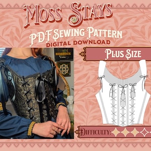 Puede incluir: Un patrón de costura PDF para un corsé de talla grande, llamado "Moss Stays". El patrón es para descarga digital y tiene una calificación de dificultad de tres estrellas. La imagen muestra a una mujer usando un corsé similar, que es negro y dorado con un cierre de encaje en la parte delantera.
