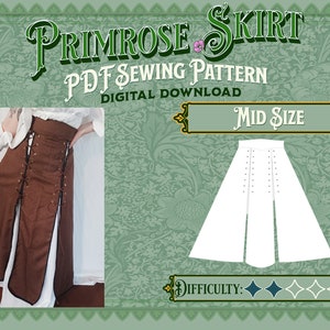 May include: A brown skirt with a lace-up front and a white underskirt. The skirt is labeled "Primrose Skirt PDF Sewing Pattern Digital Download Mid Size" and has a difficulty rating of three stars.