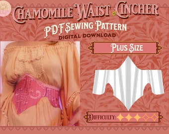 May include: A digital sewing pattern for a plus size waist cincher. The pattern is shown on a white background with a pink floral design. The pattern is rated as a medium difficulty level. The text "Chamomile Waist Cincher" and "PDF Sewing Pattern" is displayed at the top of the image.
