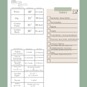 May include: A sewing pattern for a primrose skirt with measurements in inches and centimeters. The pattern includes a list of materials and tools needed for the project, including fabric, interfacing, bias tape, metal eyelets, embroidery floss, an invisible zipper, thread, ribbon or lacings, a sewing machine, scissors, an iron, tape, tailoring chalk, a sewing machine zipper foot, an eyelet press, an embroidery needle, and an awl.