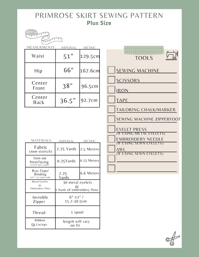 May include: A sewing pattern for a plus-size primrose skirt. The pattern includes measurements in inches and centimeters, a list of materials, and a list of tools needed for the project.