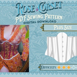 Puede incluir: Un patrón de costura digital para un corsé de rosa de talla grande. El patrón está ilustrado con un corsé blanco sobre un fondo azul. El nivel de dificultad está calificado con cuatro estrellas. El texto "Rose Corset PDF Sewing Pattern Digital Download Plus Size" se muestra en la imagen.