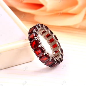 Full eternity Emerald cut Garnet wedding band Unique 925 Silver wedding band Dainty Matching Stacking ring Anniversary band Garnet ring her.
