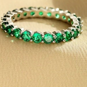Emerald Silver ring Eternity Band May Birthstone Matching Band Ring round Green Gemstone Ring Gift for Women emerald Band Promise Ring gift.