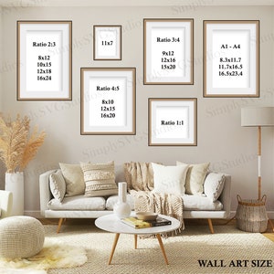 Living Room Wall Art Size Guide ~ Frame Sizing Mockup ~ Poster Size Chart for Digital Prints ~ Ratio 1x1, 2X3, 3X4, 4x5, 11x14 and A1 to A4