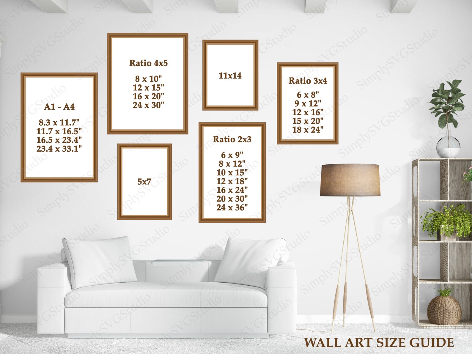 Living Room Wall Art Size Guide Frame Sizing Mockup Poster Size Chart 