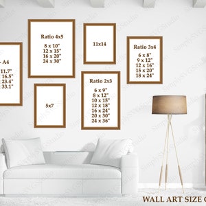 Guide des tailles d’art mural du salon ~ Maquette de taille de cadre ~ Tableau des tailles d’affiche pour les impressions numériques ~ Rapport 2x3, 3x4, 4x5, 5x7, 11x14 et A1 à A4