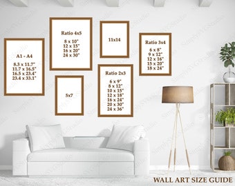 Living Room Wall Art Size Guide ~ Frame Sizing Mockup ~ Poster Size Chart for Digital Prints ~ Ratio 2x3, 3x4, 4x5, 5x7, 11x14 and A1 to A4