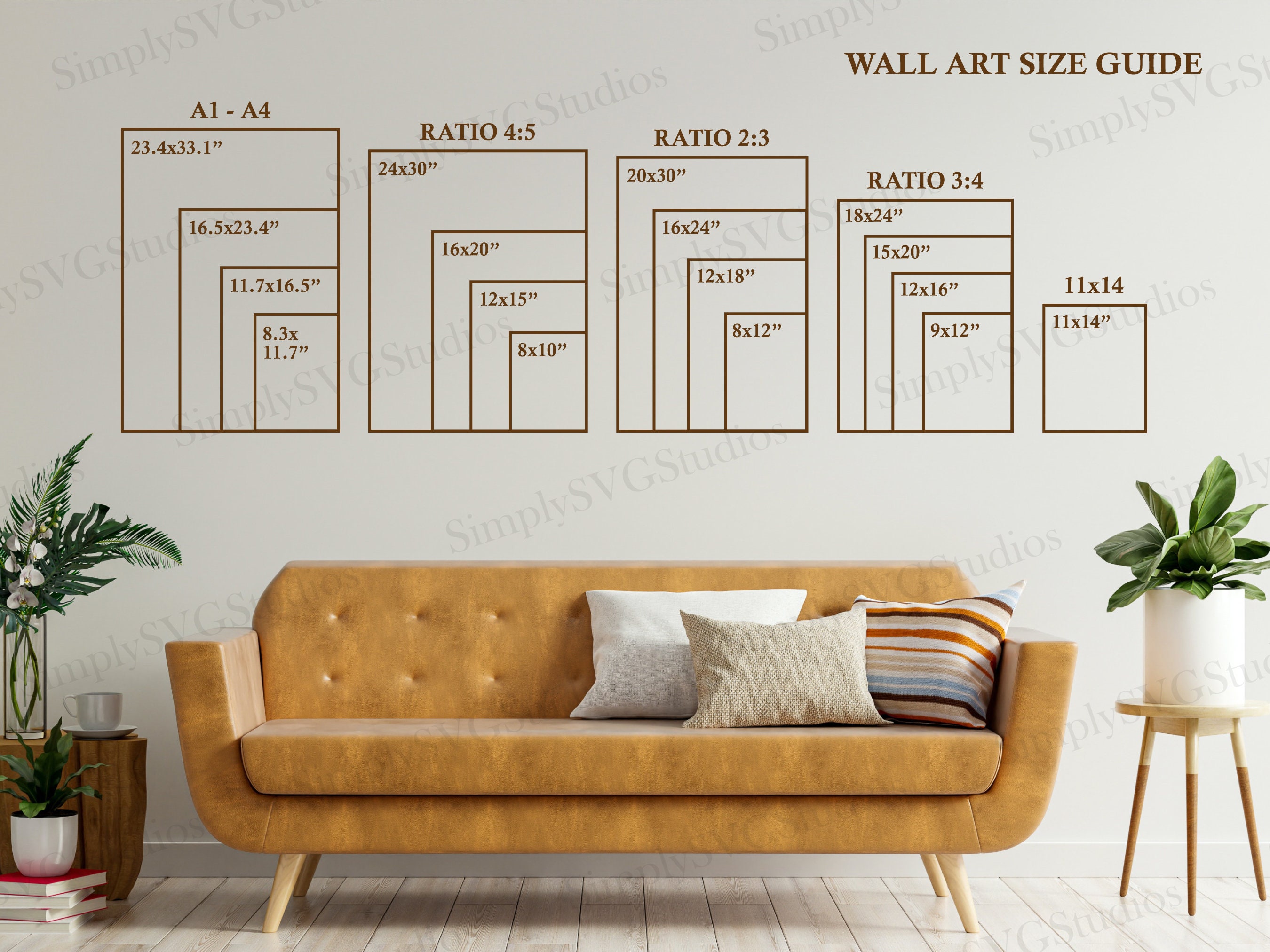 Living Room Wall Art Size Guide Frame Sizing Mockup Poster Etsy