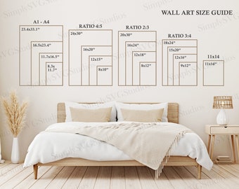 Bedroom Wall Art Size Guide ~ Frame Sizing Mockup ~ Poster Size Chart for Digital Prints ~ Ratio 2x3, 3x4, 4x5, 11x14 and A1 to A4