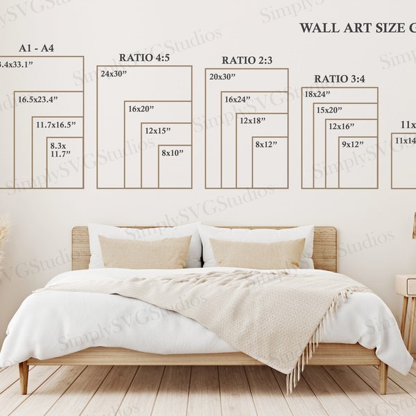 Bedroom Wall Art Size Guide ~ Frame Sizing Mockup ~ Poster Size Chart for Digital Prints ~ Ratio 2x3, 3x4, 4x5, 11x14 and A1 to A4