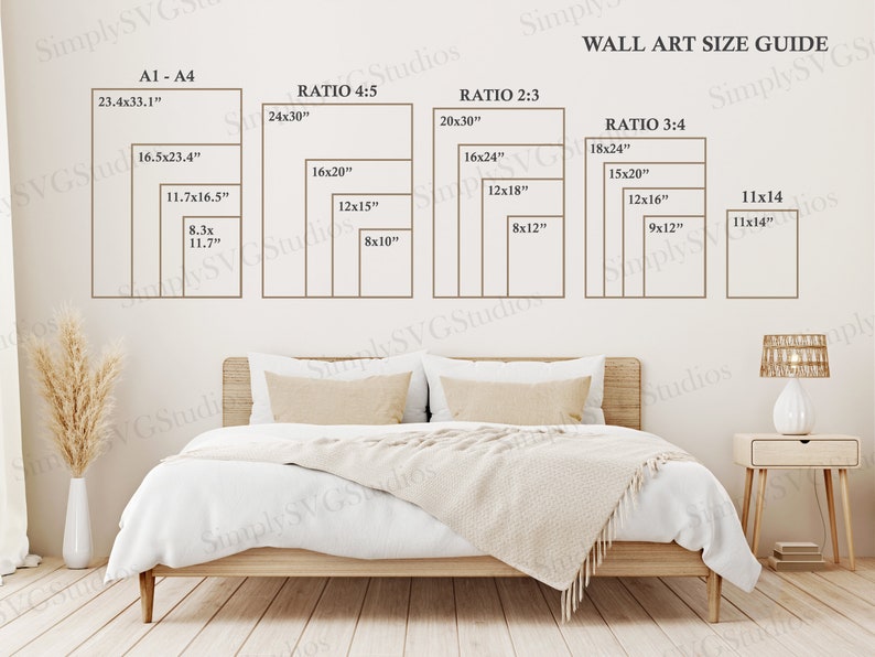 Bedroom Wall Art Size Guide Frame Sizing Mockup Poster Size Chart for Digital Prints Ratio 2x3, 3x4, 4x5, 11x14 and A1 to A4 image 1