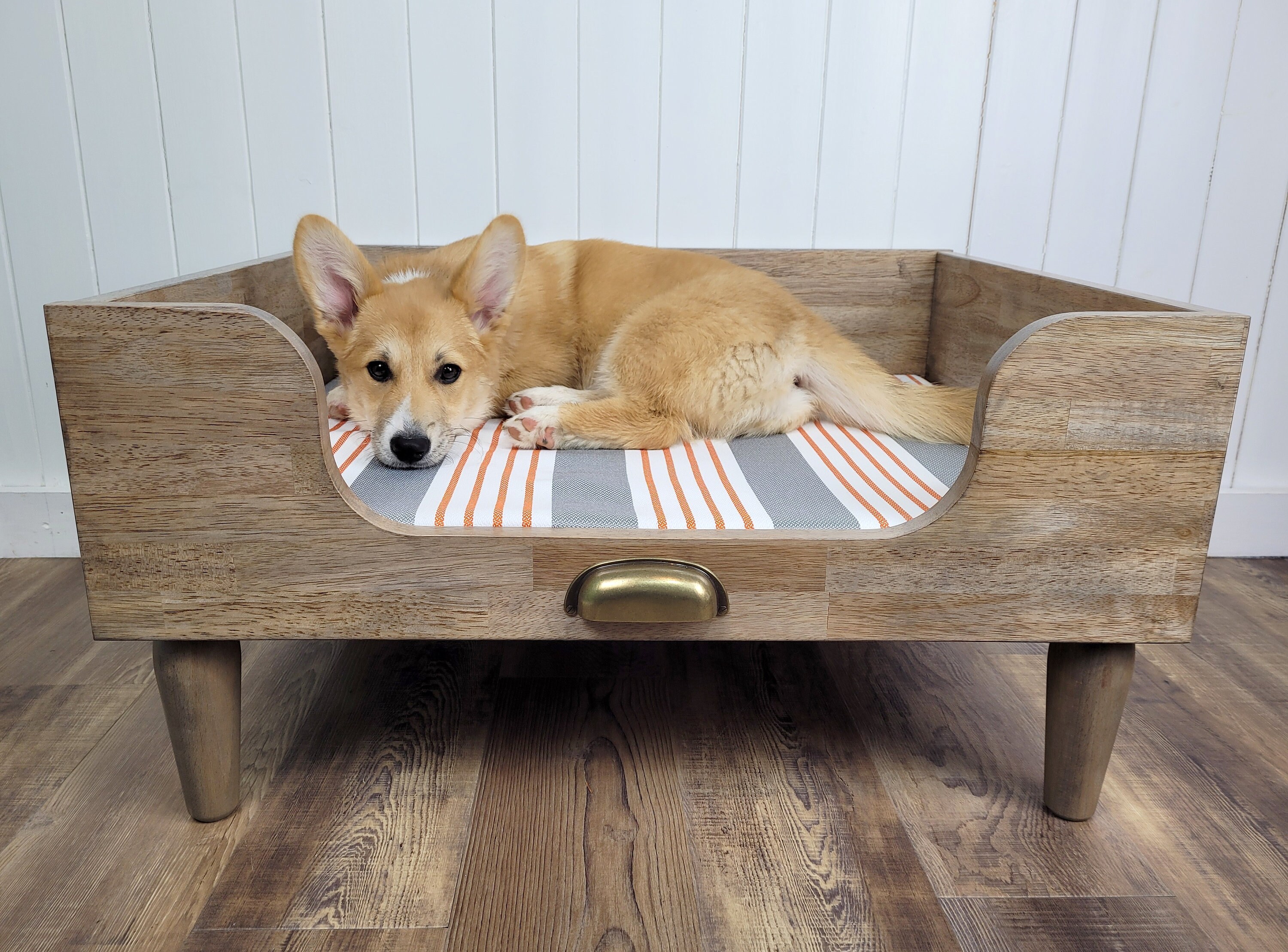 Toutounier Matelot avec Coussin Rayé Gris et Orange | Panier Pour Chien de Luxe/Original Chic