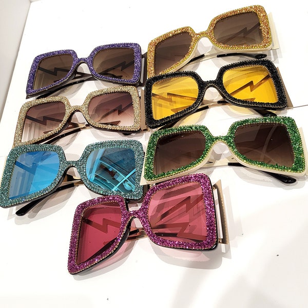 Oversized Glam Sparkle Sunglasses (18 Colours) Eyewear Lightning Bolt - Unisex Mens Womens Elton John Diamond, Fancy Dress, Party, Glitter