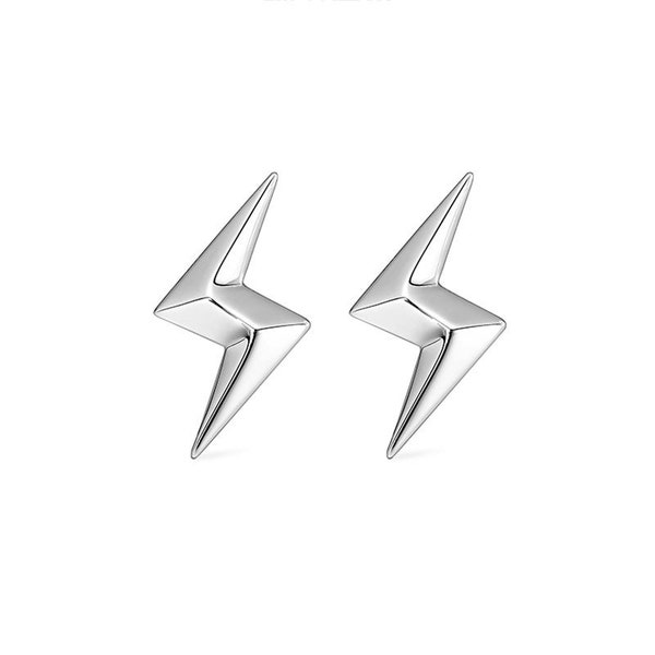 Chunky Lightning Bolt 3D Earrings (925 Silver) Sterling Silver, Flash thunder Tiny Dainty, Cute Earrings, Bold Jewellery, Gifts, Mens Studs