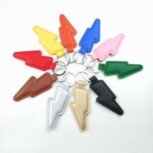 Colourful Lightning Bolt Leather Keyrings, Pink, Red, Blue, Gold. Silver, Car Keychain. Motorbike, Scooter, House Keys, Gift, Cute, Boxed