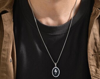 Black Enamel Oval Pendant Lightning Bolt Silver Pendant & Chain (Stainless Steel) Chunky, Mens Necklace, Premium, Gifts for Men, Long Chain