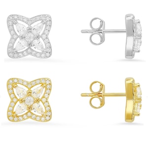 Stud Earrings For Women | Floral Diamond Halo Stud Earrings for Girls | Cubic Zirconia 925 Sterling Silver | 14k Gold Earrings for Ladies