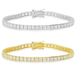 Diamond CZ Princess-cut Tennis Bracelet For Women/Ladies - 7.25&quot; - Stamped 925 - Sterling Silver / Gold