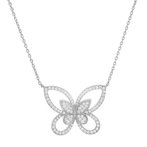 Sterling Silver Curved CZ Butterfly Statement Necklace For Women Ladies Girls - Stamped 925