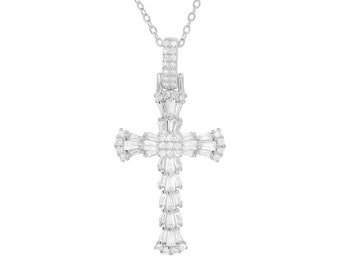 May include: A silver-colored pendant necklace featuring a cross design. The cross is encrusted with numerous small, clear gemstones, creating a sparkling effect. The chain is also silver and delicate, complementing the pendant's intricate details.