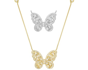 Butterfly Necklace For Women | Diamond Baguette CZ Station Necklace For Girls | 925 Sterling Silver | 14k Gold Over Silver Necklace
