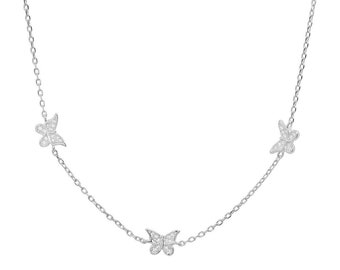Butterfly Necklace For Women | Petite Diamond CZ Station Necklace | Dainty Necklace | 925 Sterling Silver/Gold Over Silver Necklace