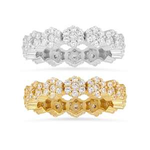 Floral Diamond CZ Eternity Band Ring - 925 Sterling Silver / Gold