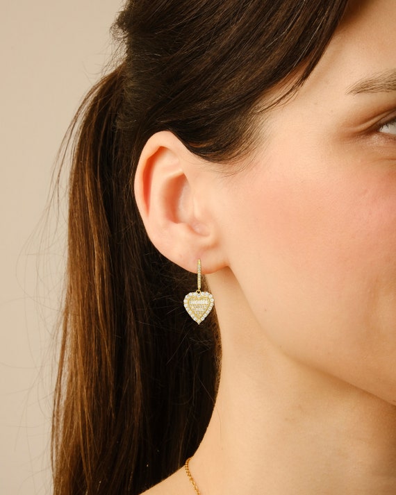 Fish Hook Earrings for Women | Dangling Heart Diamond CZ Earrings for Girls | 925 Sterling Silver | 14K Gold Over Silver | Rose Gold