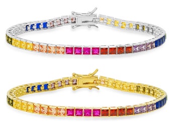 Multi-Color Sapphire CZ Princess-cut Tennis Bracelet For Women/Ladies - 7.25" - Stamped 925 - Sterling Silver / Gold