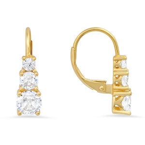 Leverback Earrings For Women | 3-Stone Diamond CZ Leverback Earrings For Girls | 925 Sterling Silver | 14k Gold Over Silver