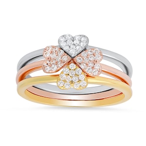 Tri-Color Diamond CZ 3pc Heart Clover Stackable Ring Set For Women/Ladies/Girls - Stamped 925 - Petite and Dainty