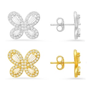 Stud Earrings For Women | Butterfly Diamond Halo Stud Earrings for Girls | Cubic Zirconia 925 Sterling Silver | 14k Gold Earrings for Ladies