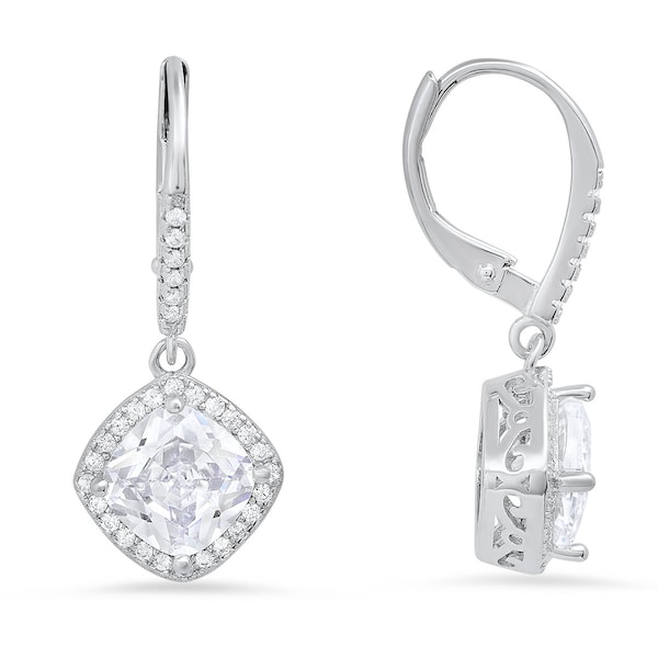 Leverback Earrings For Women | Cushion-cut Halo Diamond CZ Filigree Earrings For Girls | 925 Sterling Silver Earrings For Ladies