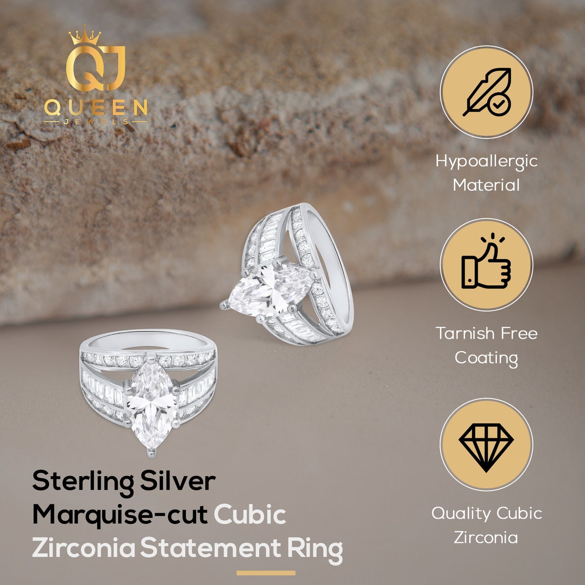 CZ Rings for Women | Diamond Marquise-cut Cubic Zirconia Statement ...