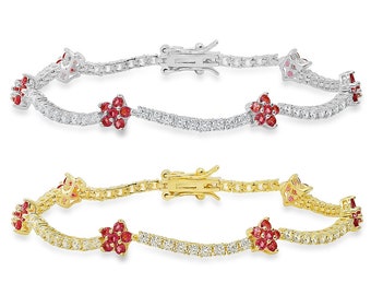 Flower CZ Round Tennis Bracelet for Girls - 7.25" - Pink Sapphire 925 Sterling Silver Bracelet | 14k Gold Over Silver Bracelet for Women