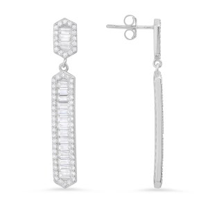 May include: Silver dangle earrings with a geometric design. The earrings are adorned with clear cubic zirconia stones.