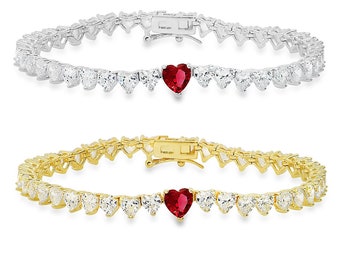 Ruby & Diamond CZ Heart-cut Tennis Bracelet For Women/Ladies - 7.25" - Stamped 925 - Sterling Silver / Gold