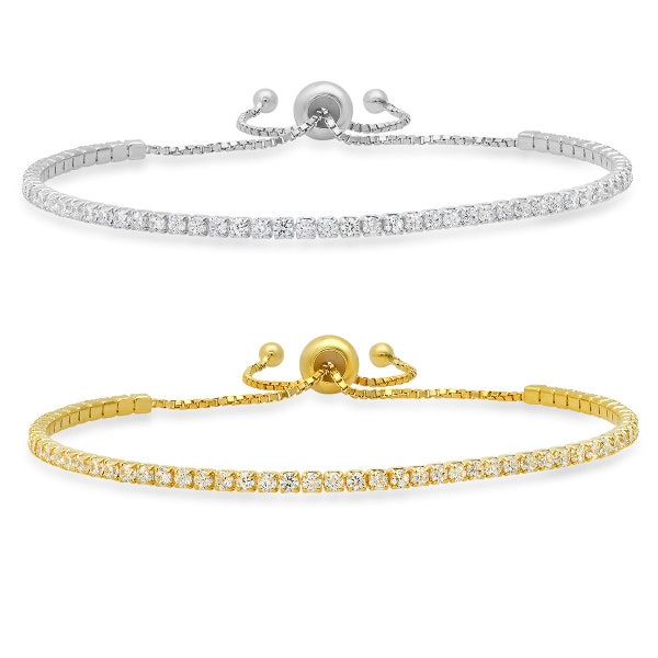Dainty/Petite Diamond CZ Adjustable Bracelet For Women/Ladies/Girls - Stamped 925 - Sterling Silver / Gold