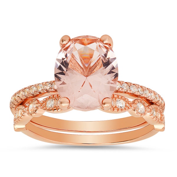 CZ Stackable Ring For Women | Morganite 2pc Stackable Ring Set For Girls | 925 Sterling Silver Rings For Ladies | Rose Gold Over Silver