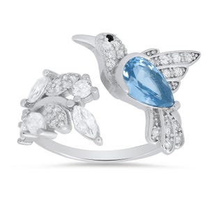 Sterling Silver Aqua CZ Hummingbird Ring For Women Ladies Girls - Stamped 925