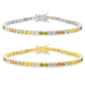 Tennis Bracelet for Girls | Multi-Color Sapphire CZ Round Tennis Bracelet 7.25 | 925 Sterling Silver Bracelet | 14k Gold Over Silver