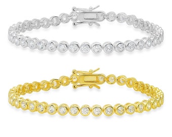 Bezel-Set 3mm Diamond CZ Round Tennis Bracelet for Girls - 7.25" - 925 Sterling Silver Bracelet | 14k Gold Over Silver Bracelet for Women
