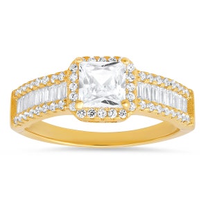 Princess-cut Diamond CZ Halo Band Ring - Stamped 925 - Sterling Silver / Gold - Engagement Ring - Statement Ring