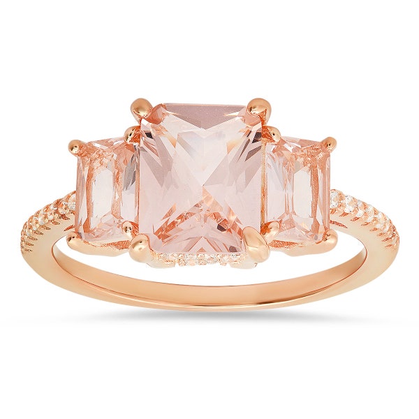 CZ Rings for Women | 3-Stone Morganite Cubic Zirconia Rings For Girls | 925 Sterling Silver | 14k Rose Gold Over Silver