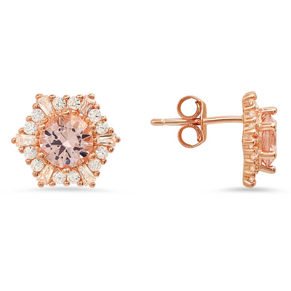 Stud Earrings For Women | Morganite Hexagon Halo Stud Earrings for Girls | Cubic Zirconia 14k Rose Gold Over Silver Earrings for Ladies